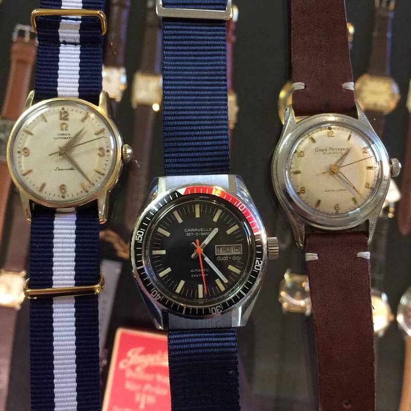 50s Omega Seamaster, 1977 Caravelle diver, and a 50s Girard-Perregaux antique watches